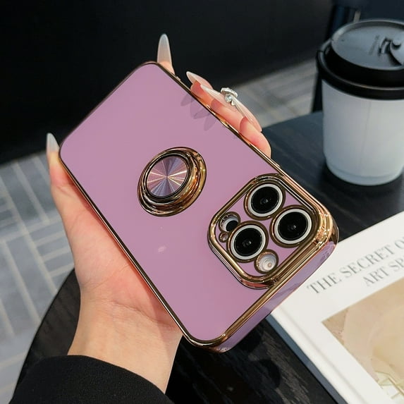 Allytechgroup Luxury Plating Case Cover for Apple iPhone 14 Plus, Slim Fit Back Cover with Ring Holder Kickstand Shockproof Bumper Anti-Scratch Phone Case for Girls Women, Purple