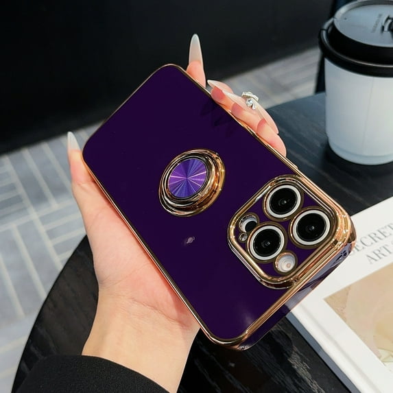 Allytechgroup Luxury Plating Case Cover for Apple iPhone 14 Plus, Slim Fit Back Cover with Ring Holder Kickstand Shockproof Bumper Anti-Scratch Phone Case for Girls Women, Darkpurple