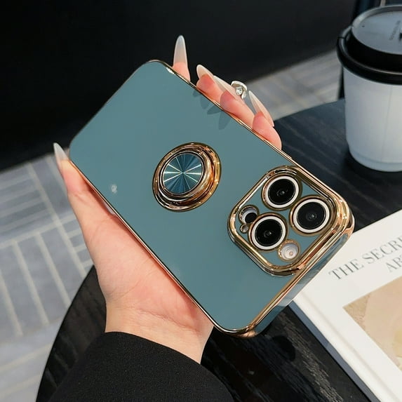 Allytechgroup Luxury Plating Case Cover for Apple iPhone 14 Plus, Slim Fit Back Cover with Ring Holder Kickstand Shockproof Bumper Anti-Scratch Phone Case for Girls Women, Gray