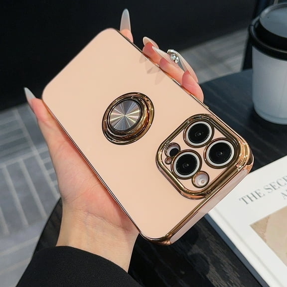 Allytechgroup Luxury Plating Case Cover for Apple iPhone 17, Slim Back Cover with Ring Holder Kickstand Shockproof Bumper Anti-Scratch Phone Case for iPhone 17 Girls Women, Pink