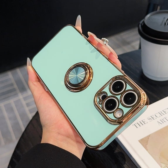 Allytechgroup Luxury Plating Case Cover for Apple iPhone XR, Slim Fit Back Cover with Ring Holder Kickstand Shockproof Bumper Anti-Scratch Phone Case for Girls Women, Lightcyan
