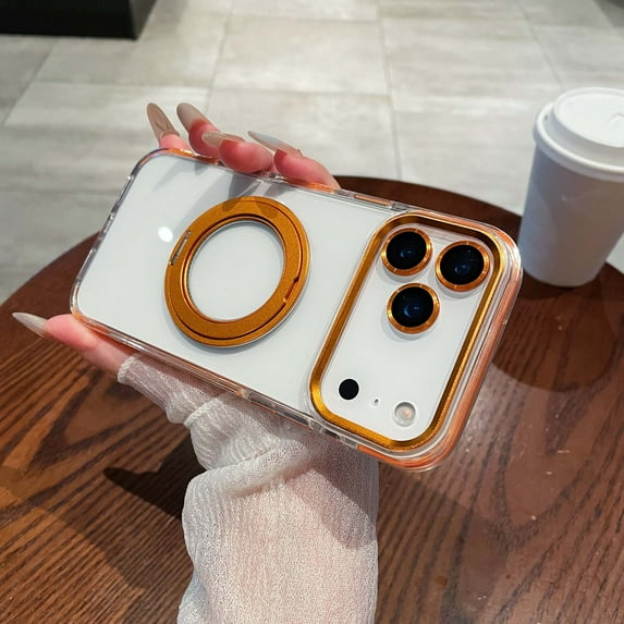 Allytechgroup Magentic Case for iPhone 15 Plus with Ring Holder, Built-in Camera Lens Protector Clear Back Cover Anti-Yellowing Support Wireless Charging Shockproof Protective Bumper, Orange