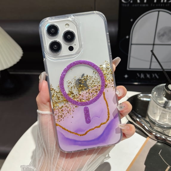 Allytechgroup Magentic Compatiible with iPhone 14 Pro Max Sparkly Case, Support Wireless Charging Shockproof Protective Back Cover Phone Case for Women Girls, Purple