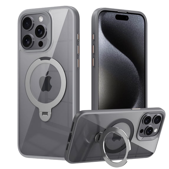 Allytechgroup Magnetic Back Case for Apple iPhone 13/ iPhone 14, 360 Rotating Kickstand Compatible with Magsafe Clear Back Cover Rugged Shockproof Not-Yellowing Case, Gray
