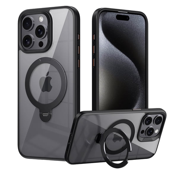 Allytechgroup Magnetic Back Case for Apple iPhone 13/ iPhone 14, 360 Rotating Kickstand Compatible with Magsafe Clear Back Cover Rugged Shockproof Not-Yellowing Case, Black