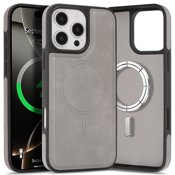 Allytechgroup Magnetic Back Cover for iPhone 16 Pro, Premium TPU & Faux Leather Case with Anti-Scratch Shockproof Design Non-Slip Matte Finish Wireless Charging Support for Women Men, Gray