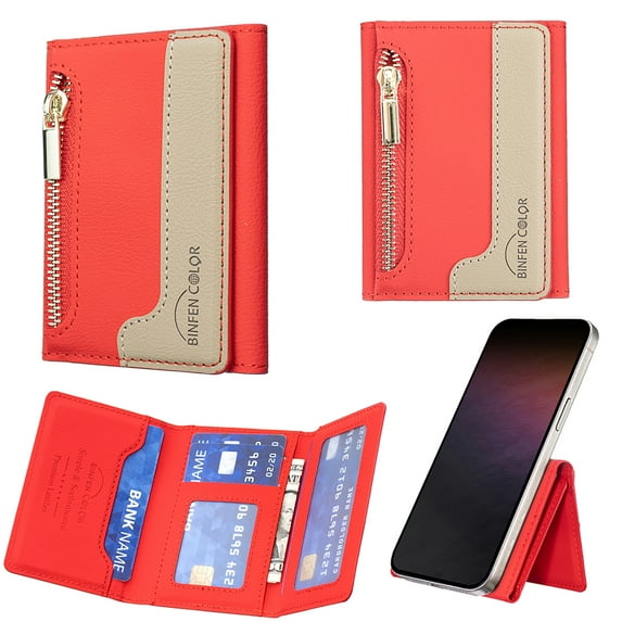 Allytechgroup Magnetic Card Holder Wallet Compatible with iPhone 16/15/14/13/12 Series, RFID Blocking PU Leather MagSafe Wallet with Kickstand & Zipper Pocket, Holds 6 Cards & Cash, Red