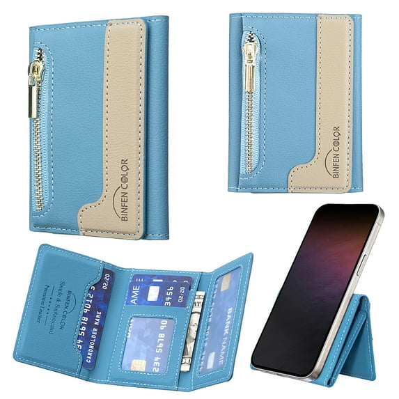 Allytechgroup Magnetic Card Holder Wallet Compatible with iPhone 16/15/14/13/12 Series, RFID Blocking PU Leather MagSafe Wallet with Kickstand & Zipper Pocket, Holds 6 Cards & Cash, Lightblue