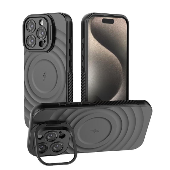 Allytechgroup Magnetic Case for Apple iPhone 14 Pro Max, Ripple Design Back Cover Compatible with Magsafe & Accessories Shockproof Camera Lens Kickstand Phone Case for Women Men, Black