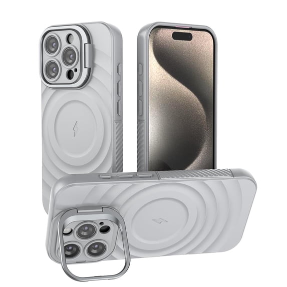 Allytechgroup Magnetic Case for Apple iPhone 15 Pro Max, Ripple Design Back Cover Compatible with Magsafe & Accessories Shockproof Camera Lens Kickstand Phone Case for Women Men, Gray