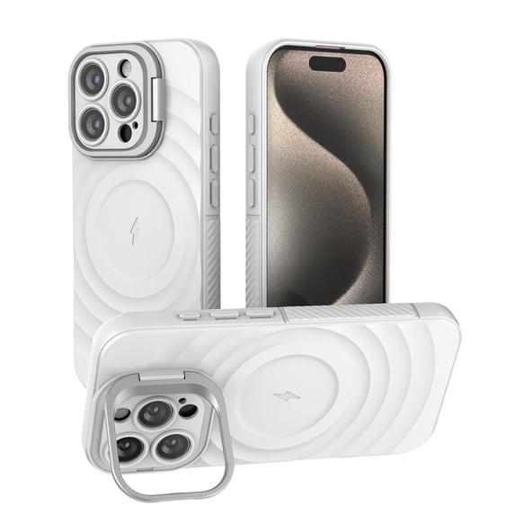 Allytechgroup Magnetic Case for Apple iPhone 15 Pro Max, Ripple Design Back Cover Compatible with Magsafe & Accessories Shockproof Camera Lens Kickstand Phone Case for Women Men, White