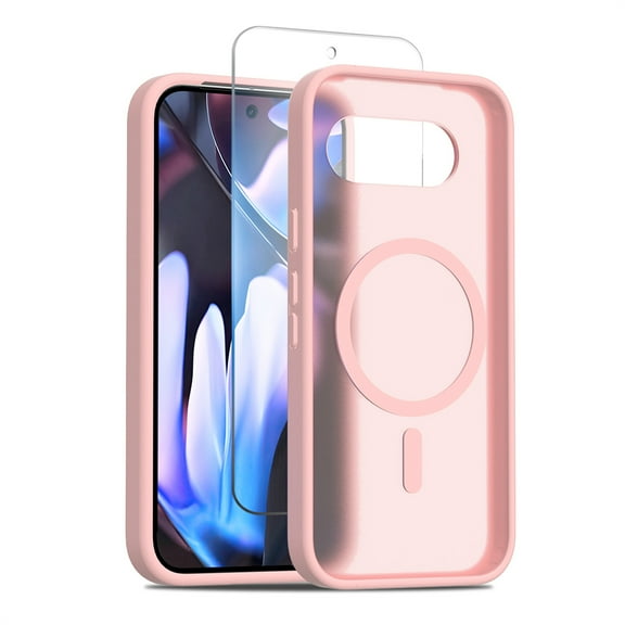 Allytechgroup Magnetic Case for Google Pixel 9A with Screen Protection, Hard PC Slim Fit Phone Case Support Wireless Charging Non-slip Shockproof Back Cover Bumper for Google Pixel 9A, Pink