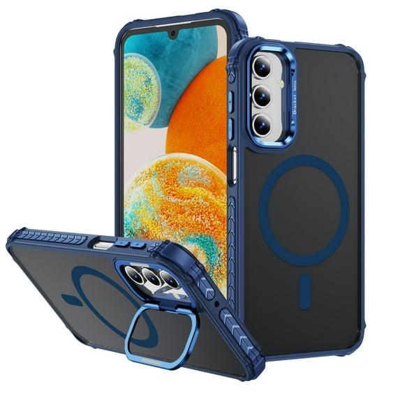 Allytechgroup Magnetic Case for Samsung Galaxy A15 with Camera Lens Kickstand, Support Wireless Charging Cover Phone Holder for Desk Meeting/Videos Matte Shockproof Back Cover Shell, Blue