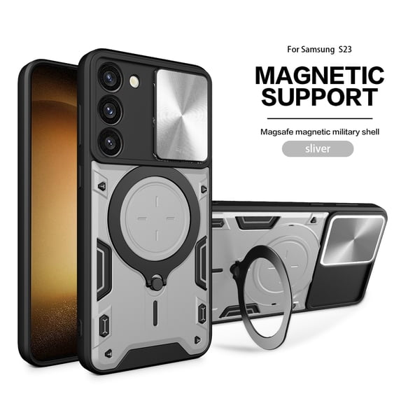 Allytechgroup Magnetic Case for Samsung Galaxy S21 Ultra, Slide Camera Cover Camera Lens Protector Ring Kickstand Military Grade Shockproof Rugged Hybrid Case for Samsung Galaxy S21 Ultra, Silver