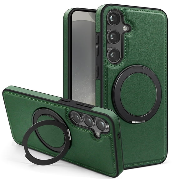 Allytechgroup Magnetic Case for Samsung Galaxy S22, Built-in Invisible 360° Rotatable Kickstand, Compatible with MagSafe, PU Leather Slim Shockproof Protective Phone Case Cover, Darkgreen