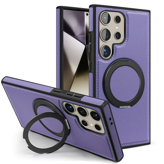 Allytechgroup Magnetic Case for Samsung Galaxy S22 Ultra, Built-in Invisible 360° Rotatable Kickstand, Compatible with MagSafe, PU Leather Slim Shockproof Protective Phone Case Cover, Purple
