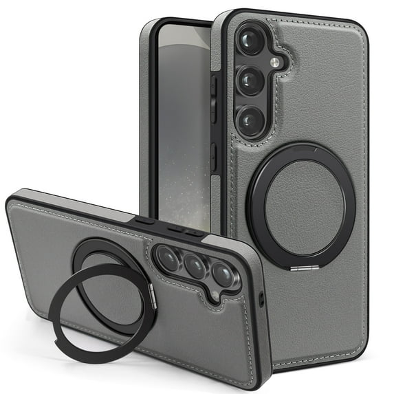 Allytechgroup Magnetic Case for Samsung Galaxy S23, Built-in Invisible 360° Rotatable Kickstand, Compatible with MagSafe, PU Leather Slim Shockproof Protective Phone Case Cover, Grey