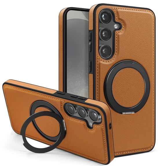 Allytechgroup Magnetic Case for Samsung Galaxy S23, Built-in Invisible 360° Rotatable Kickstand, Compatible with MagSafe, PU Leather Slim Shockproof Protective Phone Case Cover, Brown