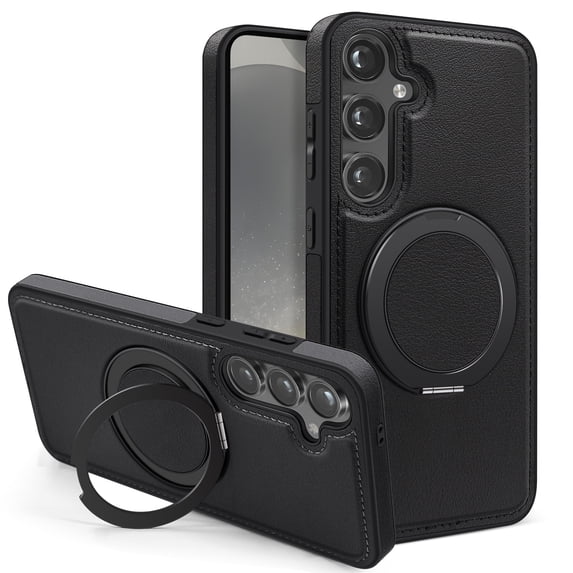 Allytechgroup Magnetic Case for Samsung Galaxy S23, Built-in Invisible 360° Rotatable Kickstand, Compatible with MagSafe, PU Leather Slim Shockproof Protective Phone Case Cover, Black