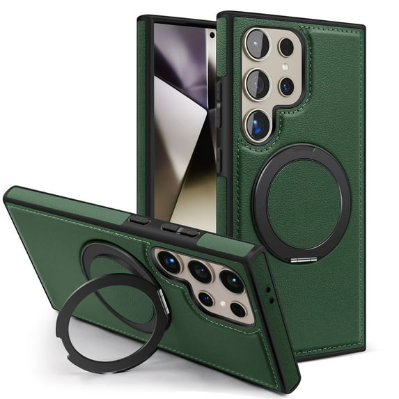 Allytechgroup Magnetic Case for Samsung Galaxy S23 Ultra, Built-in Invisible 360° Rotatable Kickstand, Compatible with MagSafe, PU Leather Slim Shockproof Protective Phone Case Cover, Darkgreen
