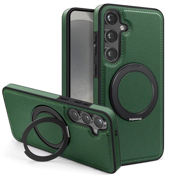 Allytechgroup Magnetic Case for Samsung Galaxy S24, Built-in Invisible 360° Rotatable Kickstand, Compatible with MagSafe, PU Leather Slim Shockproof Protective Phone Case Cover, Darkgreen