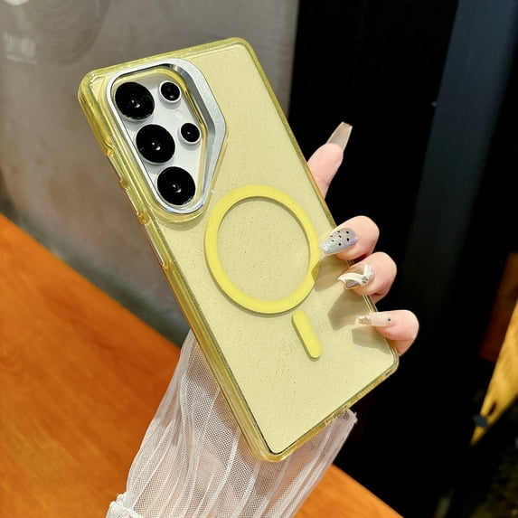 Allytechgroup Magnetic Case for Samsung Galaxy S24 FE with Camera Lens Kickstand, Compatible with Mag-safe Hard PC Lightweight Shockproof Protective Back Cover for Samsung Galaxy S24 FE, Yellow