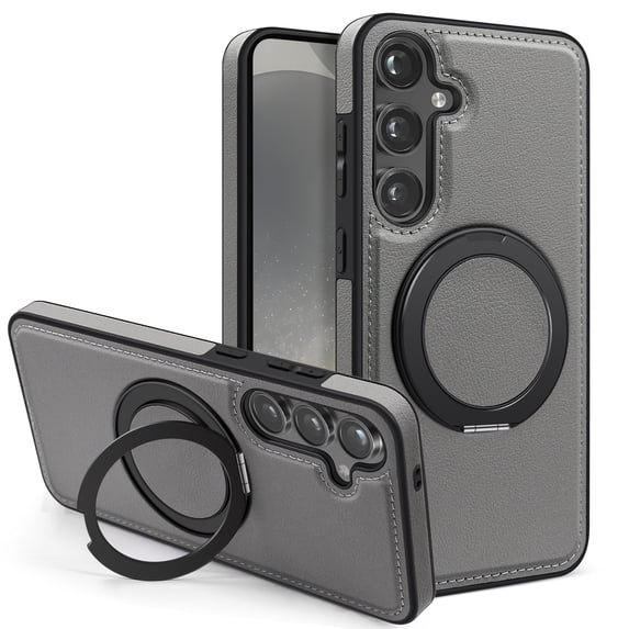 Allytechgroup Magnetic Case for Samsung Galaxy S24 Plus, Built-in Invisible 360° Rotatable Kickstand, Compatible with MagSafe, PU Leather Slim Shockproof Protective Phone Case Cover, Grey