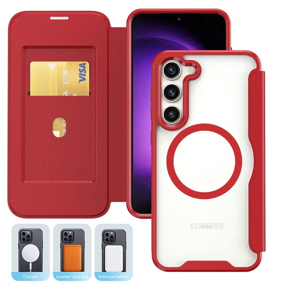 Allytechgroup Magnetic Case for Samsung Galaxy S25+ with Credit Card Slot, Compatible with Magsafe PU Leather Flip Wallet Phone Case RFID Blocking Military Grade Drop Protection, Red