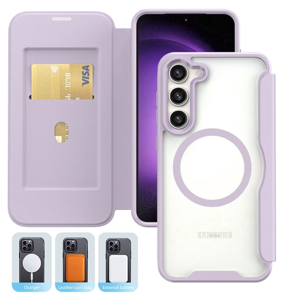 Allytechgroup Magnetic Case for Samsung Galaxy S25+ with Credit Card Slot, Compatible with Magsafe PU Leather Flip Wallet Phone Case RFID Blocking Military Grade Drop Protection, Purple
