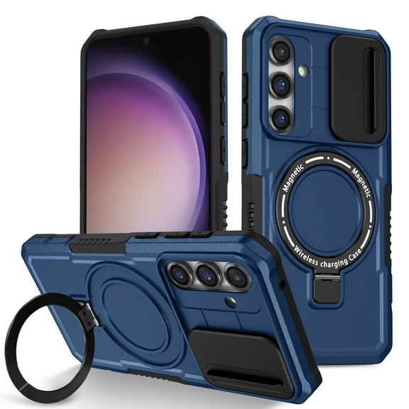 Allytechgroup Magnetic Case for Samsung Galaxy S25 with Lens Slide Cover, [Non-Slip] [Military Grade Protection] Slim Shockproof Ring Stand Case Support Wireless Charging, Royalblue