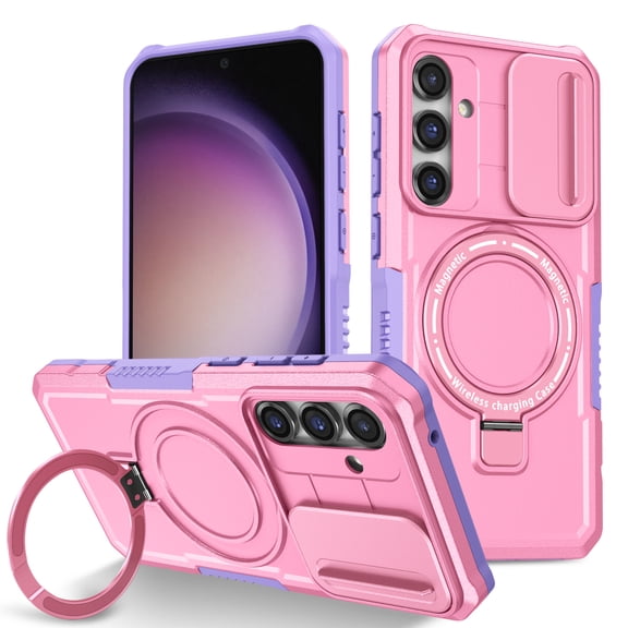 Allytechgroup Magnetic Case for Samsung Galaxy S25 with Lens Slide Cover, [Non-Slip] [Military Grade Protection] Slim Shockproof Ring Stand Case Support Wireless Charging, Pink