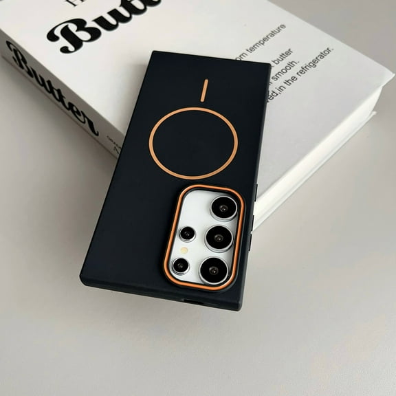 Allytechgroup Magnetic Case for Samsung Galaxy S25+, Matte Slim Lightweight Support Wireless Charging Soft TPU Liquid Silicone Shockproof Protective Back Cover for Women Men, Blackorange