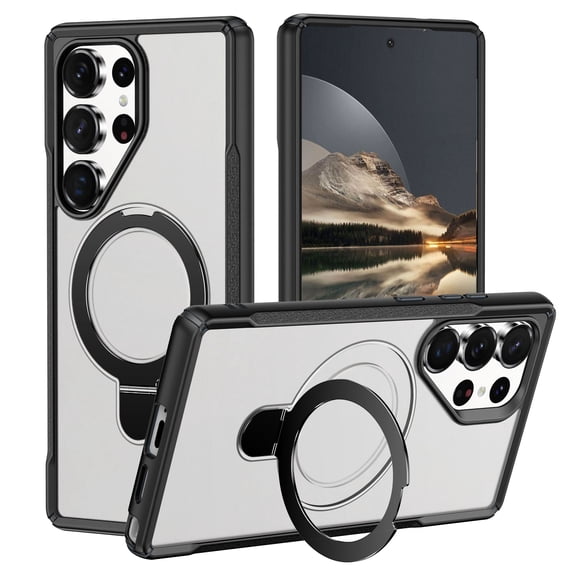 Allytechgroup Magnetic Case for Samsung Galaxy S25 Ultra with Stand, Built-in Ring Holder Support Wireless Chagring Hard PC Rugged Heavy Duty Durable Cover Case Shockproof Protective, Black+Clear