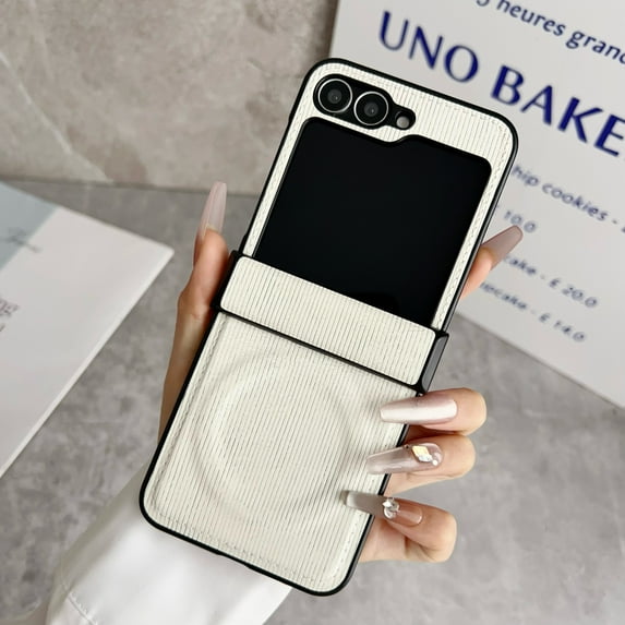 Allytechgroup Magnetic Case for Samsung Galaxy Z Flip 4, PU Leather Texture Slim Foldable Phone Case, Compatible with Magsafe & Wireless Charging Shockproof Cover with Hinge Protection, White