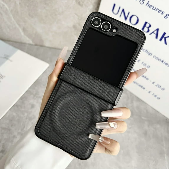 Allytechgroup Magnetic Case for Samsung Galaxy Z Flip 5, PU Leather Texture Slim Foldable Phone Case, Compatible with Magsafe & Wireless Charging Shockproof Cover with Hinge Protection, Black