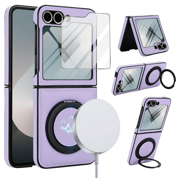 Allytechgroup Magnetic Case for Samsung Galaxy Z Flip 5 with Screen Protector, Wireless Charging Support 360 Rotating Stand Anti-Scratch Rugge Bumper Phone Case for Galaxy Z Flip5, Lightpurple