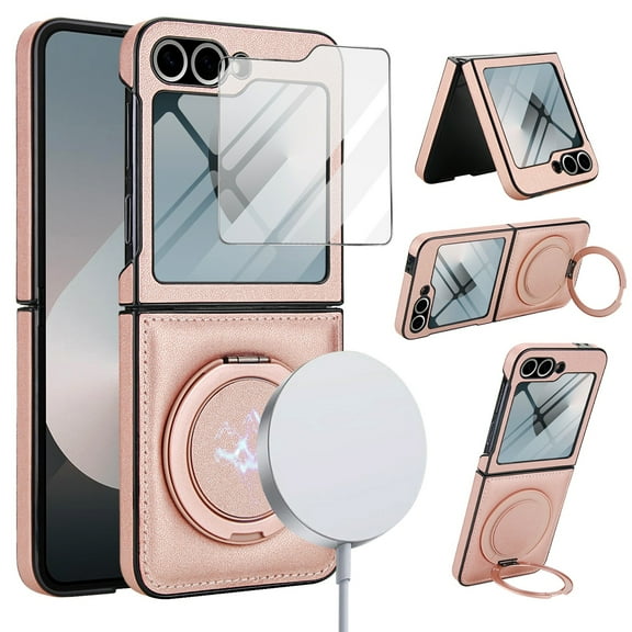 Allytechgroup Magnetic Case for Samsung Galaxy Z Flip 7 with Screen Protector, Wireless Charging Support 360 Rotating Stand Anti-Scratch Rugge Bumper Phone Case for Galaxy Z Flip7, Rosegold