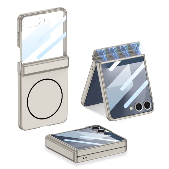 Allytechgroup Magnetic Case for Samsung Galaxy Z Flip 7, Shockproof Flat Plastic Design with Tempered Glass, Anti-Scratch, Lightweight Non-Slip Grip, Wireless Charging, Screen Protector,Titaniumgray