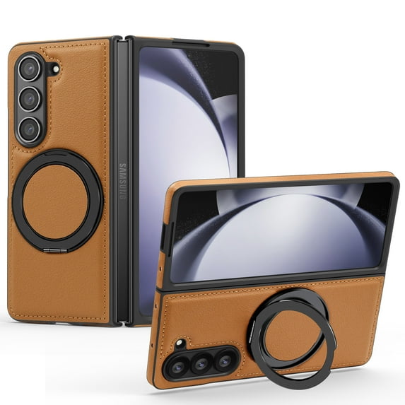Allytechgroup Magnetic Case for Samsung Galaxy Z Fold 3, Ring Holder Kickstand Hybrid Compatible with Magsafe & Car Mount Anti-Scratch Phone Case Cover for Women Men, Brown