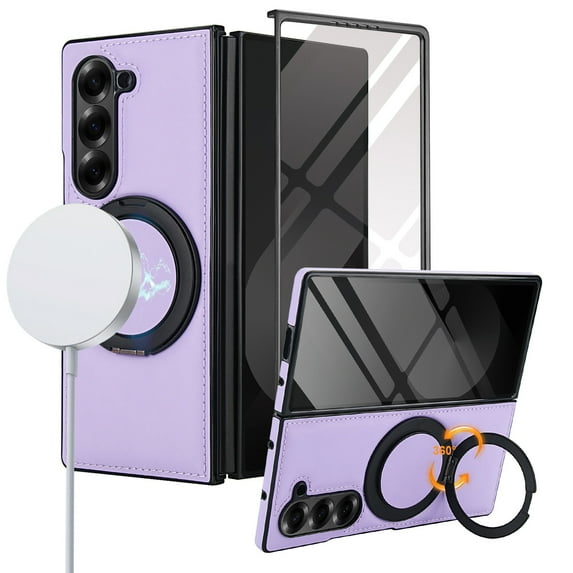 Allytechgroup Magnetic Case for Samsung Galaxy Z Fold 6 with Screen Protector, Wireless Charging Support 360 Rotating Stand Anti-Scratch Rugge Bumper Phone Case for Galaxy Z Fold6, Lightpurple