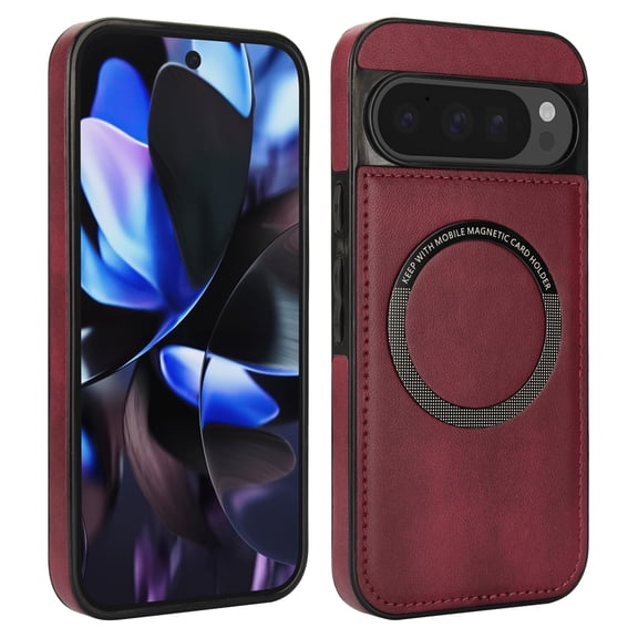 Allytechgroup Magnetic Case fo Google Pixel 8 Pro, PU Leather Back Cover Compatible with Magsafe Shockproof Anti-Scratch Phone Case for Google Pixel 8 Pro, Winered