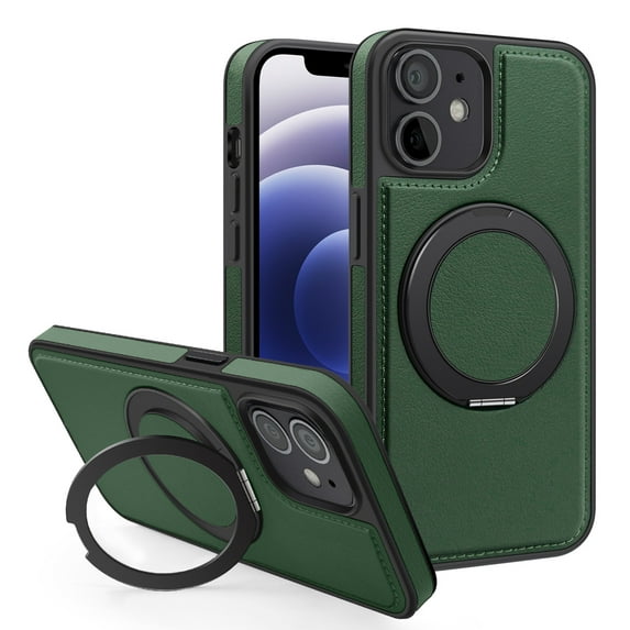 Allytechgroup Magnetic Case for iPhone 11, Built-in Invisible 360° Rotatable Kickstand, Compatible with MagSafe, PU Leather Slim Shockproof Protective Phone Case Cover, Darkgreen