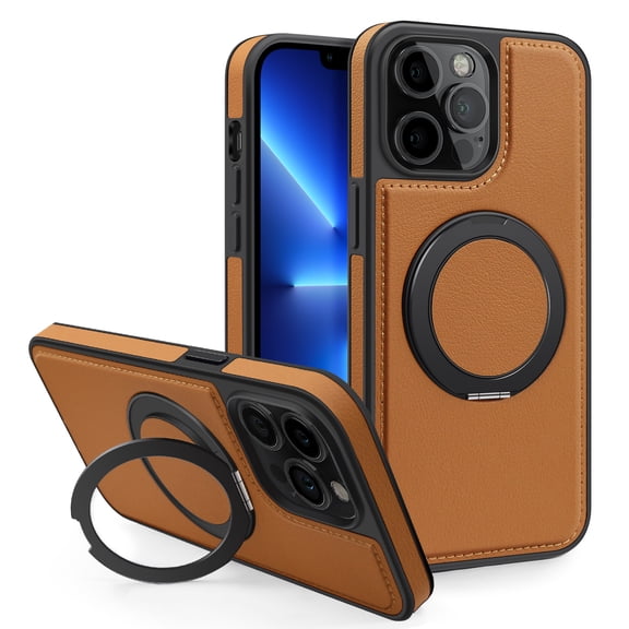 Allytechgroup Magnetic Case for iPhone 11 Pro Max, Built-in Invisible 360° Rotatable Kickstand, Compatible with MagSafe, PU Leather Slim Shockproof Protective Phone Case Cover, Brown