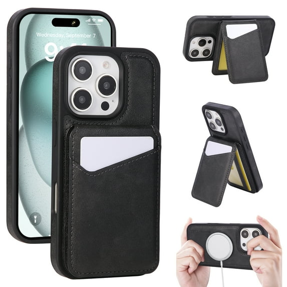 Allytechgroup Magnetic Case for iPhone 12 Pro, RFID Blocking PU Leather Stand Phone Case with Detachable Cards Holder Compatible with Mag-safe Shockproof Back Cover for Women Men, Black
