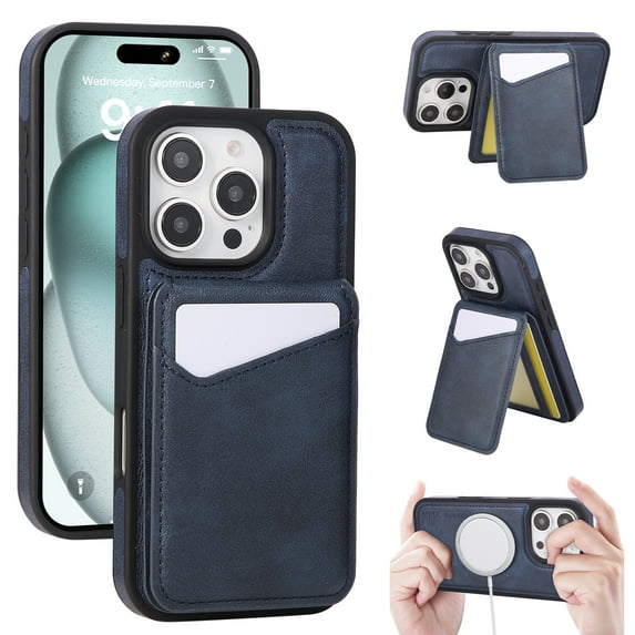 Allytechgroup Magnetic Case for iPhone 12 Pro, RFID Blocking PU Leather Stand Phone Case with Detachable Cards Holder Compatible with Mag-safe Shockproof Back Cover for Women Men, Blue