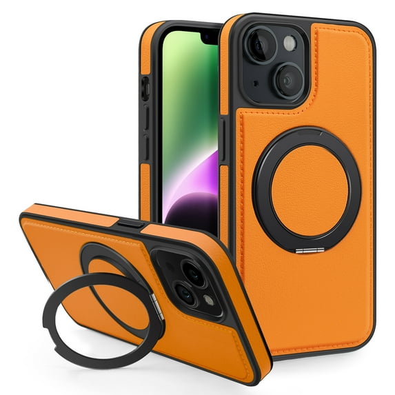 Allytechgroup Magnetic Case for iPhone 14, Built-in Invisible 360° Rotatable Kickstand, Compatible with MagSafe, PU Leather Slim Shockproof Protective Phone Case Cover, Orange