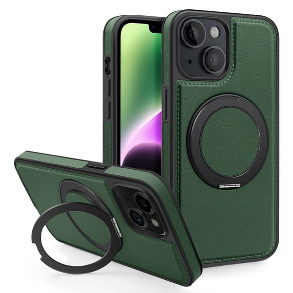 Allytechgroup Magnetic Case for iPhone 14, Built-in Invisible 360° Rotatable Kickstand, Compatible with MagSafe, PU Leather Slim Shockproof Protective Phone Case Cover, Darkgreen