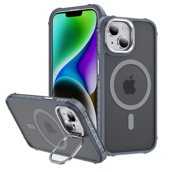 Allytechgroup Magnetic Case for iPhone 14 with Camera Lens Kickstand, Support Wireless Charging Cover Phone Holder for Desk Meeting/Videos Matte Shockproof Back Cover Shell, Gray