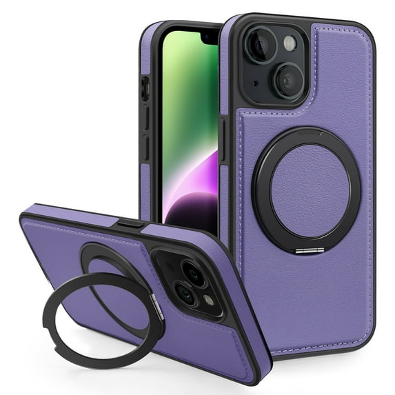 Allytechgroup Magnetic Case for iPhone 14 Plus, Built-in Invisible 360° Rotatable Kickstand, Compatible with MagSafe, PU Leather Slim Shockproof Protective Phone Case Cover, Purple
