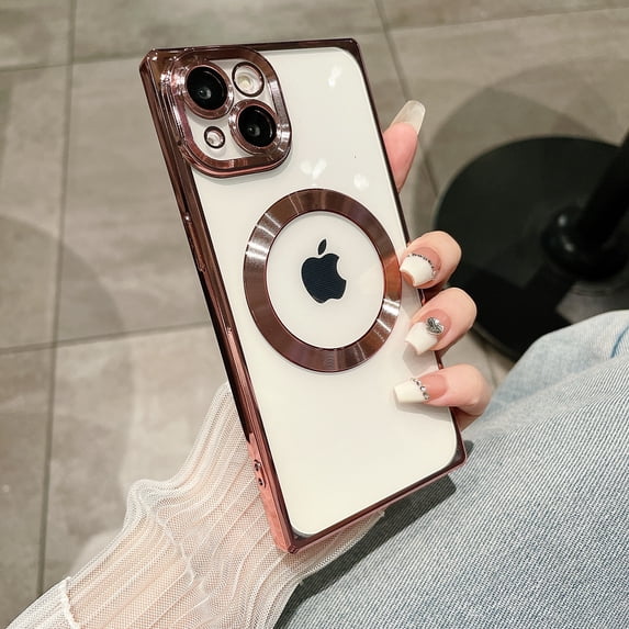 Allytechgroup Magnetic Case for iPhone 14 Plus, Camera Lens Protector Not Yellowing Support Wireless Chagring Slim Fit Shockproof Protective Clear Back Cover for iPhone 14 Plus, Rosegold